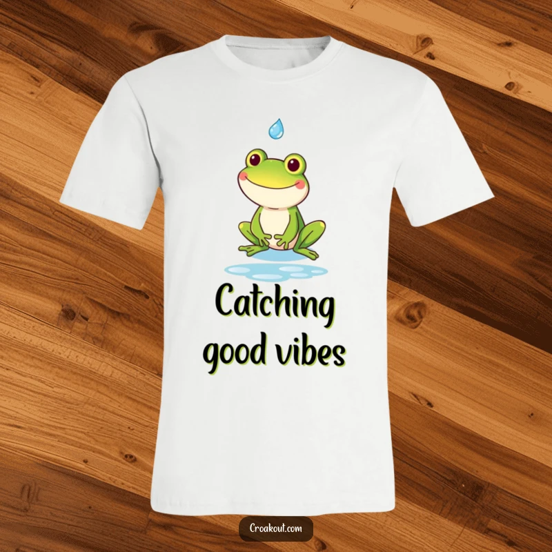 Funny kawaii frog with an exaggerated goofy grin catching a raindrop, designed on a t-shirt for humorous appeal.