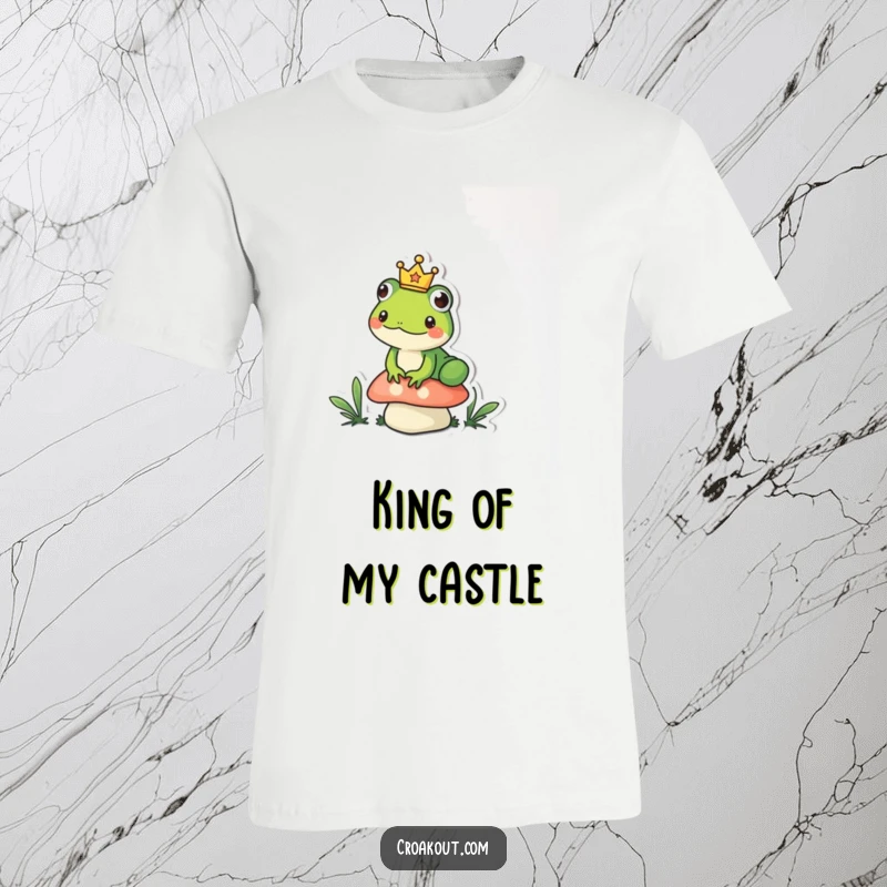 Funny frog t-shirt featuring a small amphibian wearing a tiny crown, sitting regally on a mushroom, a humorous royal design.