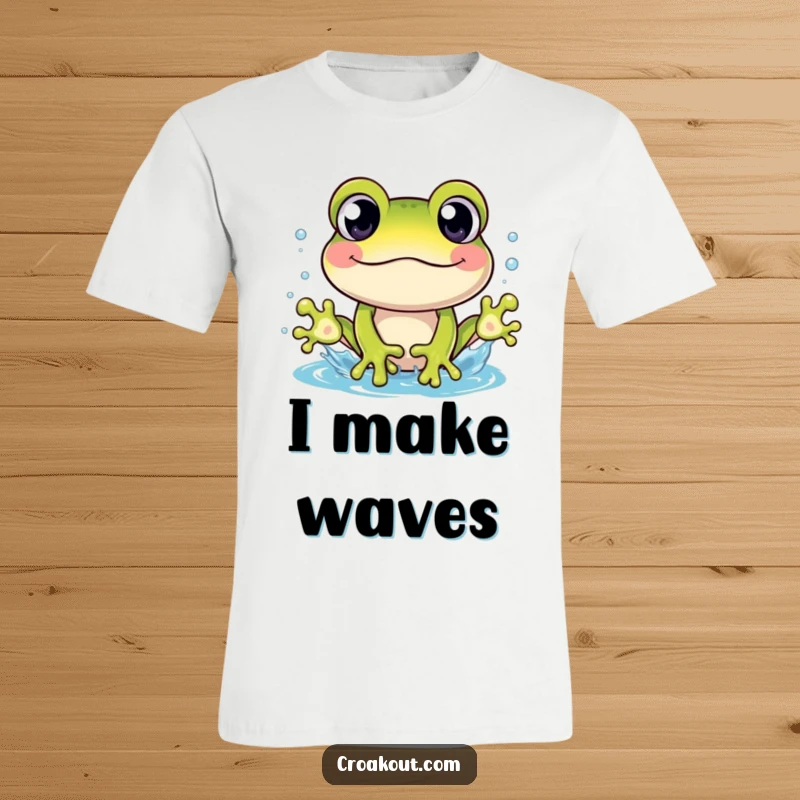 Funny t-shirt with a cheerful frog character, eyes wide with surprise, mid-splash, capturing a moment of hilarious wetness.
