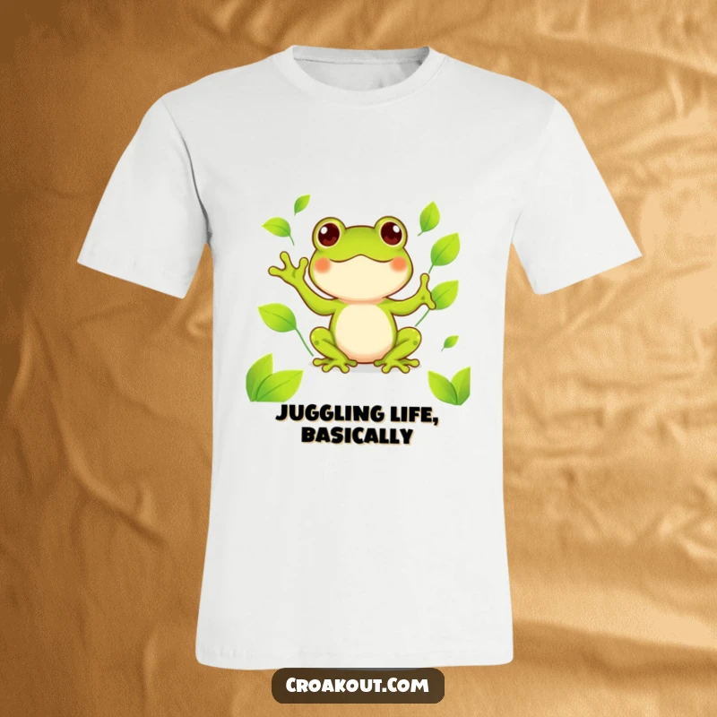 Funny kawaii frog t-shirt featuring a cute amphibian happily juggling bright green leaves, a cheerful and humorous design.