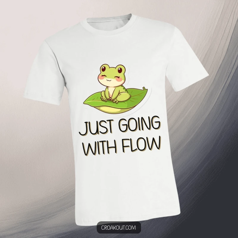 Funny kawaii frog winking with a mischievous grin on a floating leaf, printed on a comfortable and humorous t-shirt.