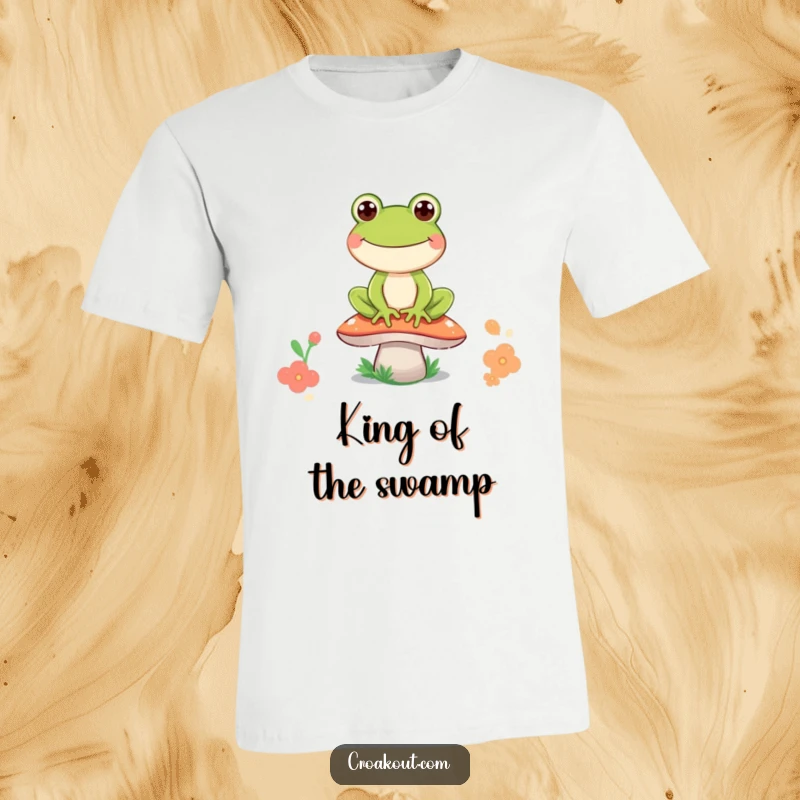 Funny frog t-shirt showcasing a big-grinned frog character happily relaxing on a whimsical mushroom, capturing a moment of pure, unadulterated glee.