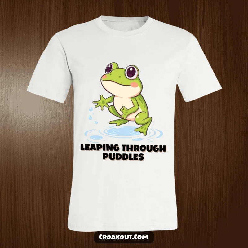 Funny Frog T-Shirt: A dynamic design of a frog jumping over sparkling water droplets, symbolizing energy and playful activity.