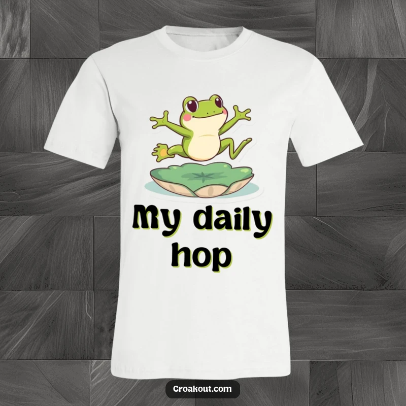 Funny frog t-shirt showing an energetic green frog mid-leap over a lily pad, a humorous depiction of pure joy and action.
