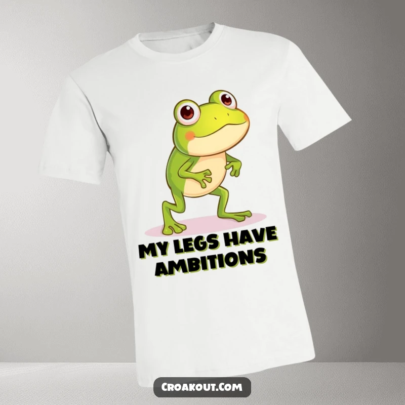 Funny frog t-shirt featuring a little character with long legs mid-hop, capturing a moment of silly, humorous attempt at acrobatics.