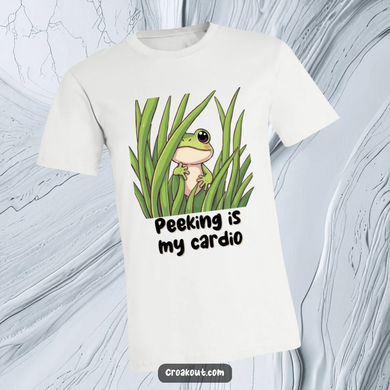 Funny frog t-shirt featuring a curious character peeking out from a giant blade of grass, evoking a sense of playful hide-and-seek.