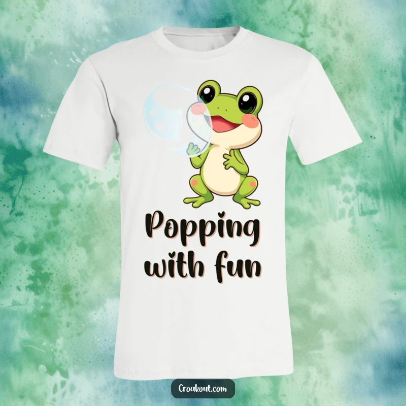 Funny t-shirt showcasing a cheerful frog character happily blowing a huge, shimmering bubble, radiating joy and lightheartedness.
