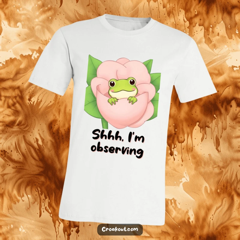 Funny Frog T-Shirt: A whimsical design of a frog peeking mischievously from behind a giant, colorful flower, exuding playful curiosity.