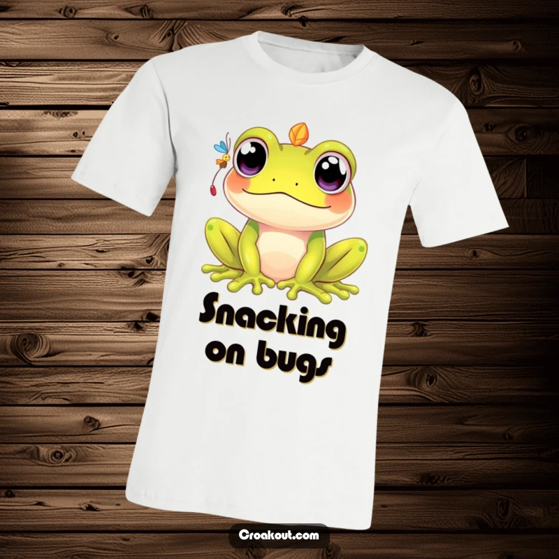 Funny t-shirt featuring a kawaii frog with large, expressive eyes focused on catching a falling fly, embodying cute, humorous determination.