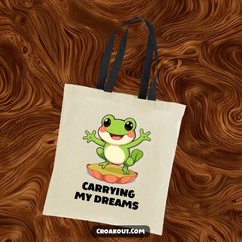Funny tote bag depicting a happy frog character joyfully leaping on a lily pad, ideal for carrying groceries with amphibian flair.