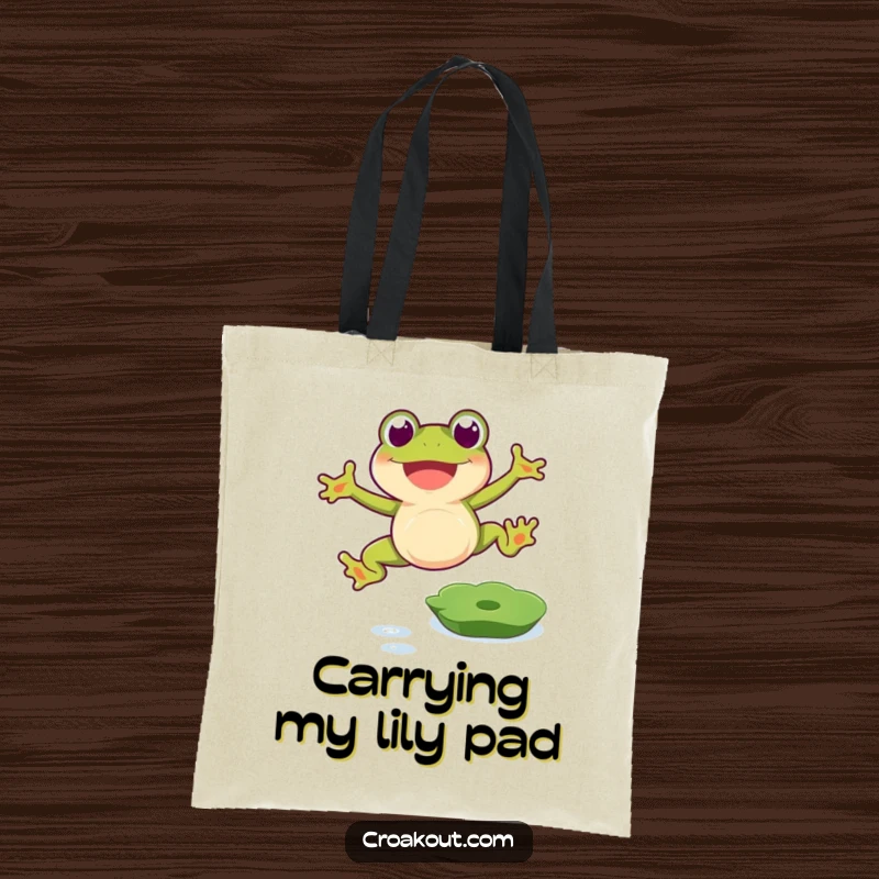 Funny frog tote bag with a happy amphibian leaping over a lily pad, a practical and funny gift.