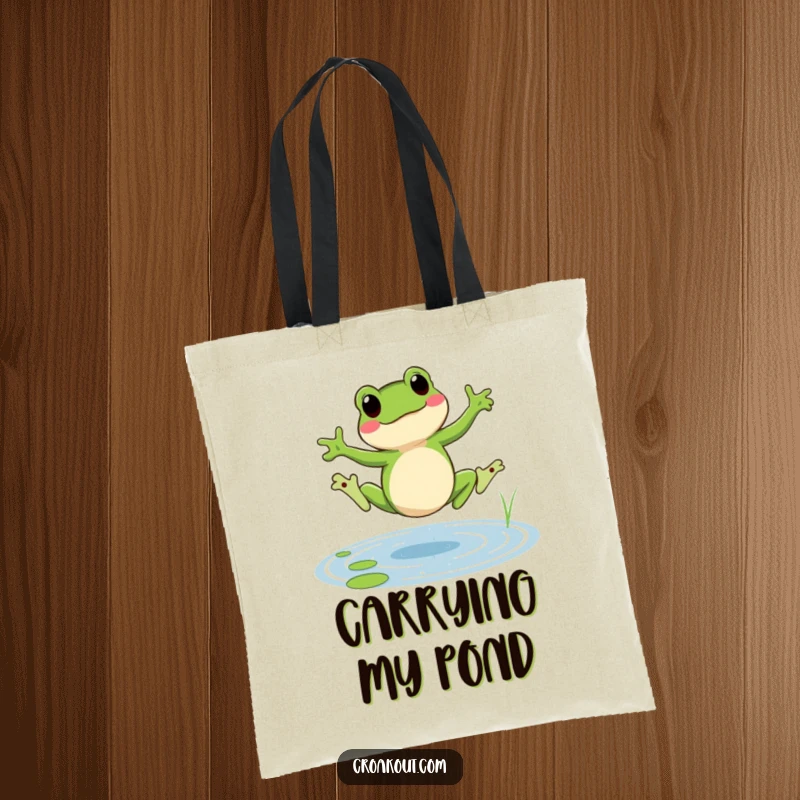 Funny frog tote bag featuring a cheerful amphibian doing a cartwheel in a pond, a humorous and practical carry-all.