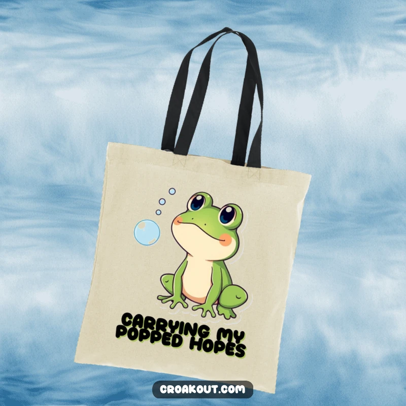 Funny tote bag showing a frog character shocked by a popping bubble, ideal for carrying humorous, expressive items.