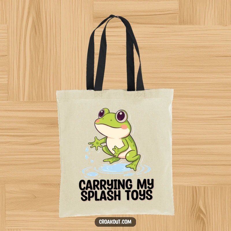 Funny Frog Tote Bag: A practical tote bag showing a frog jumping over small water droplets, perfect for carrying items with a smile.