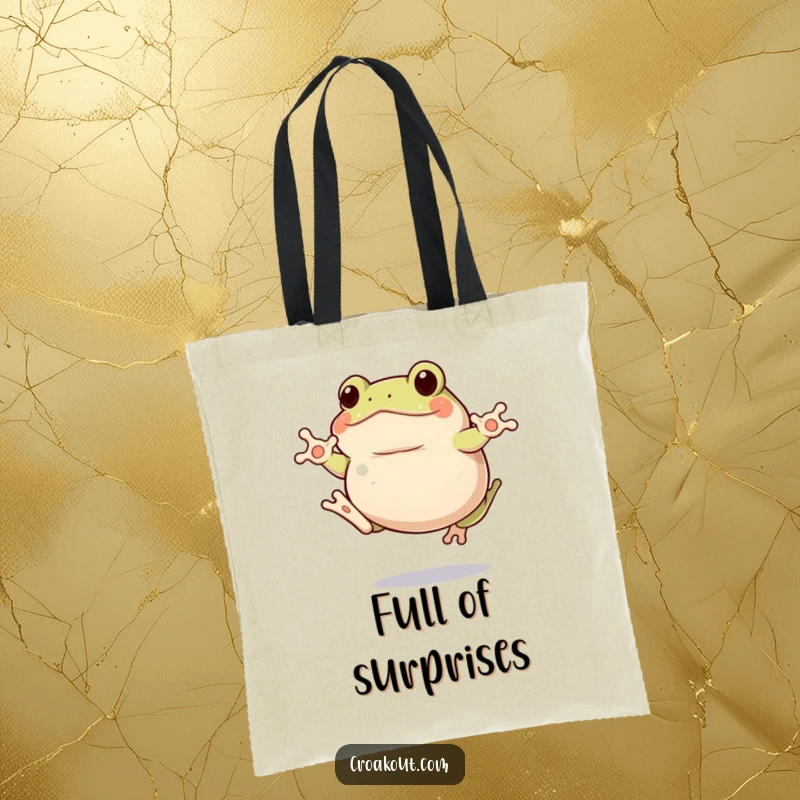 Funny clumsy frog tote bag showing a plump amphibian mid-jump with comical awkwardness, a practical funny gift.