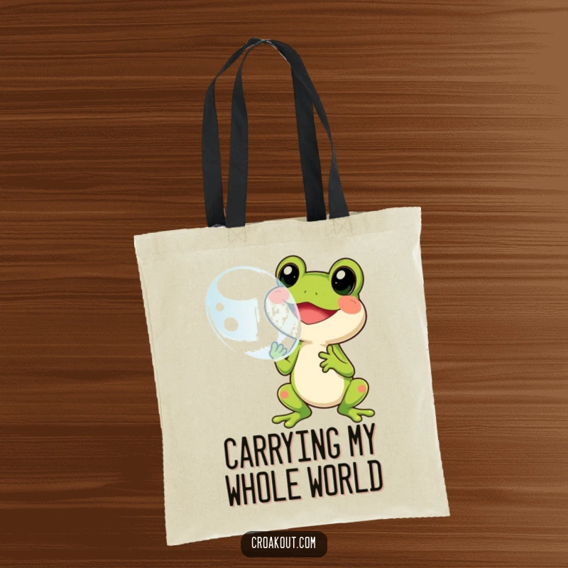 Funny frog bubble tote bag depicting a cheerful character blowing a large, iridescent bubble, perfect for carrying essentials with humor.
