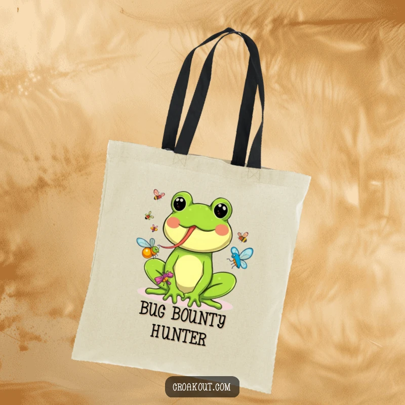 Funny tote bag with a happy frog extending its long tongue to catch a variety of colorful bugs in a playful manner.