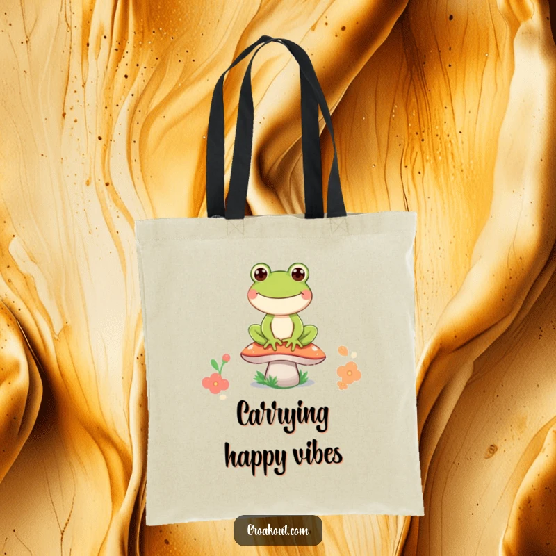 Funny frog tote bag depicting a cheerful frog character seated on a mushroom, its infectious grin bringing a smile to any face.