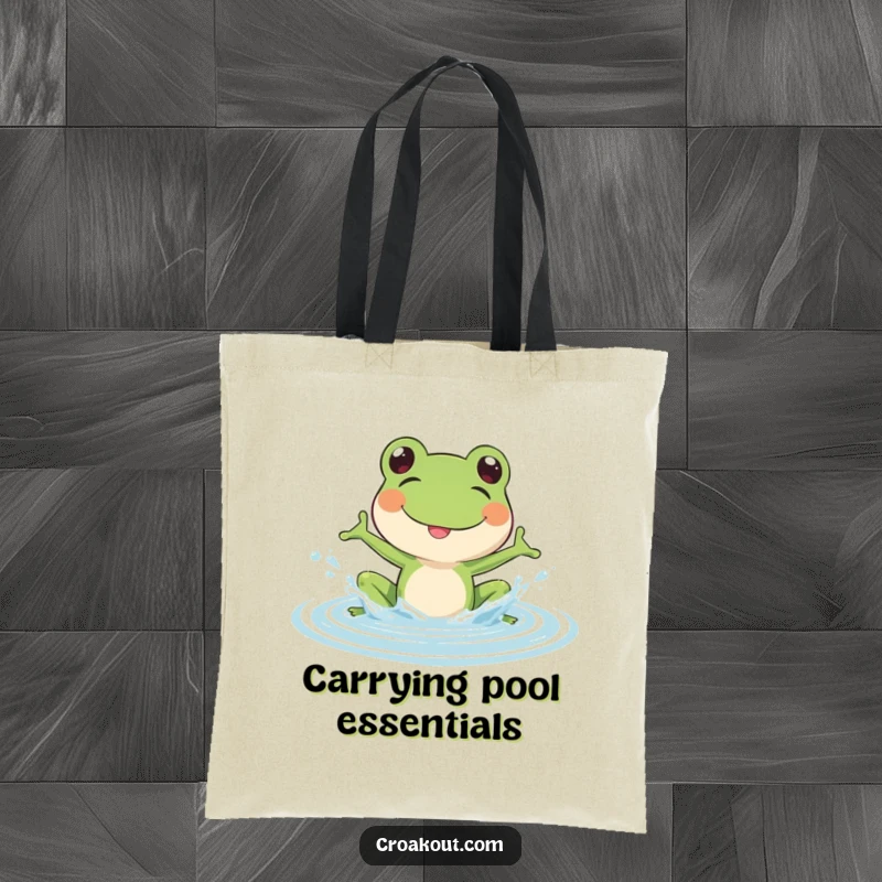Funny Frog Tote Bag: A cute tote bag depicting a frog splashing water, perfect for carrying items with a playful and cheerful vibe.