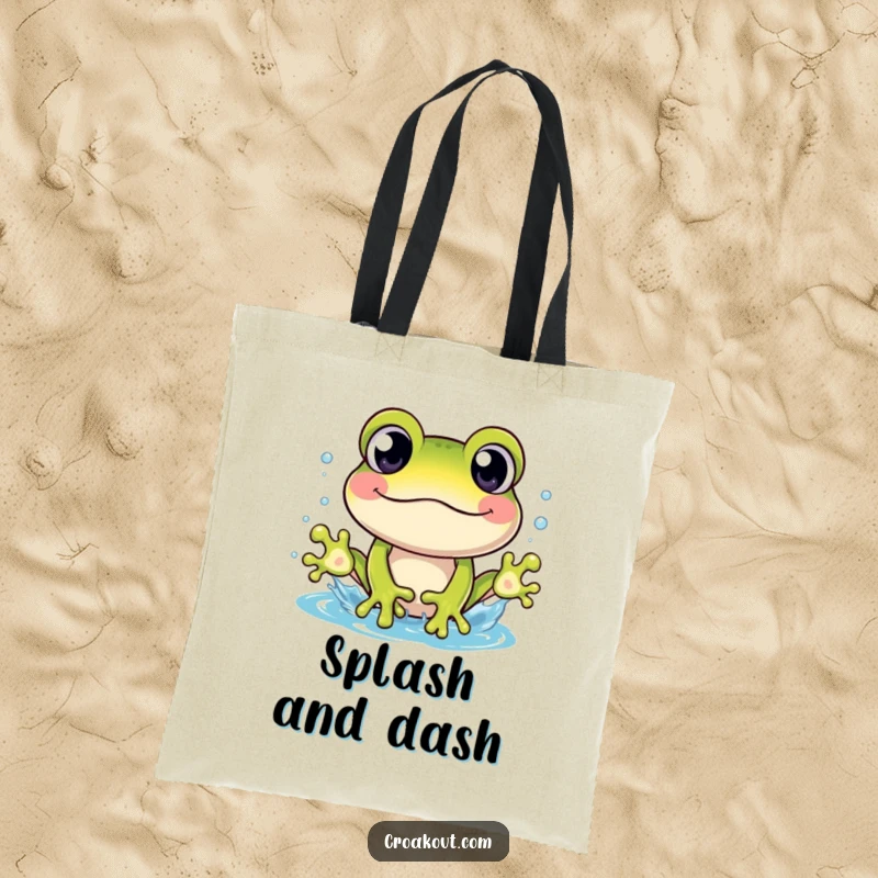 Funny tote bag featuring a cheerful frog character with wide eyes engulfed in a funny, exaggerated splash.