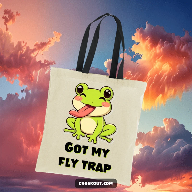 Funny Frog Tote Bag: A happy frog character exuberantly sticking out its long tongue, a fun accessory for carrying daily items.