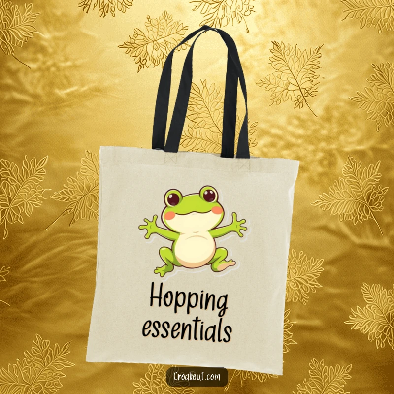 Funny tote bag with a whimsical frog character doing a bouncy jump, ideal for carrying daily items with a touch of playful energy.