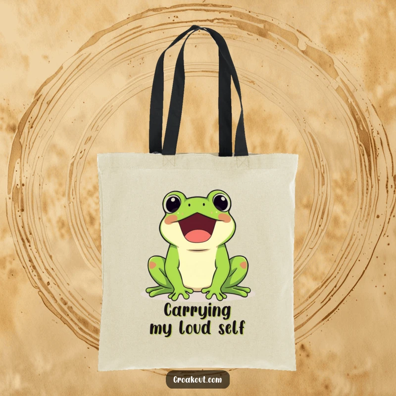Funny tote bag with a kawaii frog character happily croaking loudly, perfect for carrying essentials with a musical and cheerful vibe.