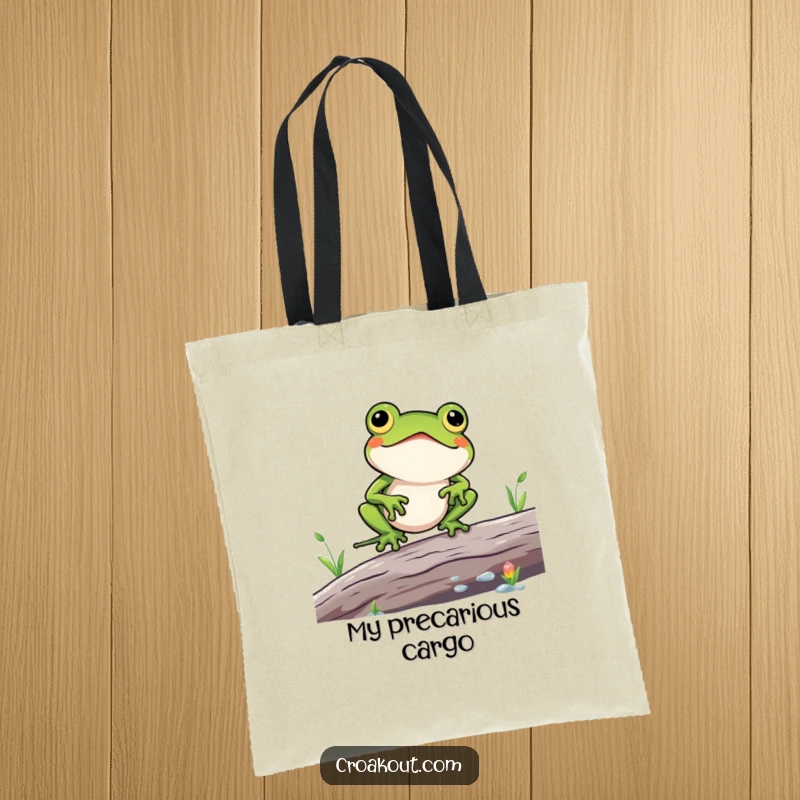 Funny tote bag with a kawaii frog character comically struggling to balance on a log, perfect for carrying items with a humorous touch.