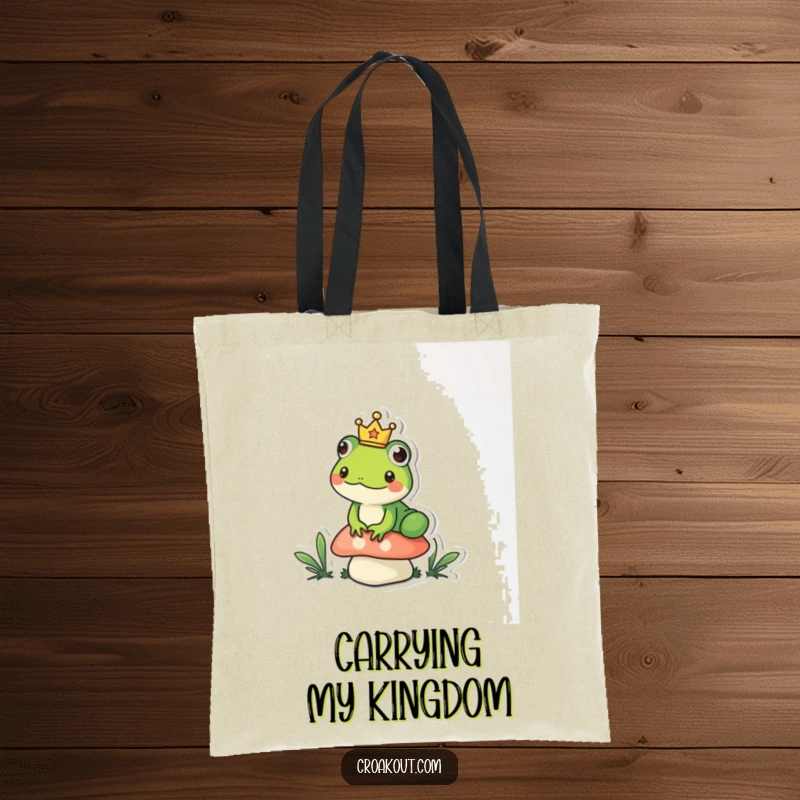 Funny frog tote bag featuring a small amphibian wearing a tiny crown, sitting regally on a mushroom, a humorous and practical accessory.