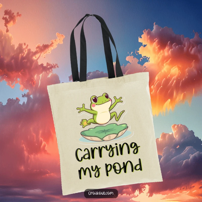 Funny frog tote bag featuring an energetic green amphibian leaping high over a lily pad, a humorous and practical accessory.