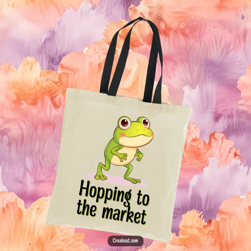 Funny frog tote bag showing a small character with long legs in a comical, silly hop, perfect for carrying daily essentials with humor.