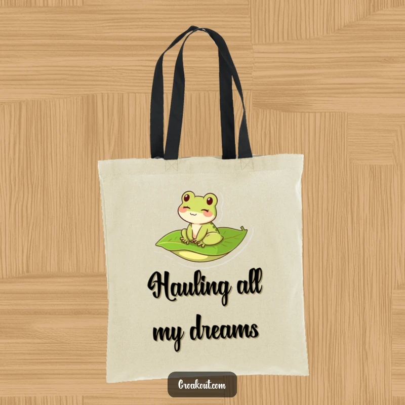 Funny kawaii frog winking on a floating leaf, depicted on a durable and fashionable tote bag for a humorous touch.
