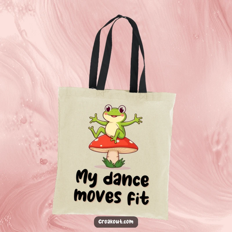 Funny tote bag showing a frog character dancing on a wobbly mushroom, ideal for carrying humorous, whimsical items.