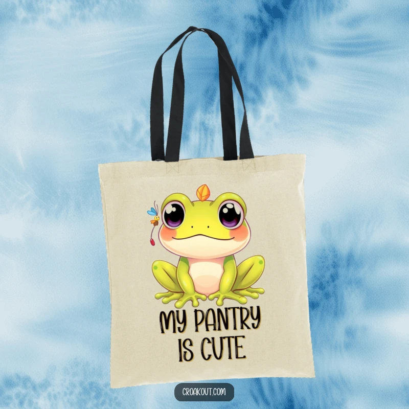Funny kawaii frog tote bag, featuring wide-eyed character intently pursuing a fly, perfect for stylish and humorous carrying.